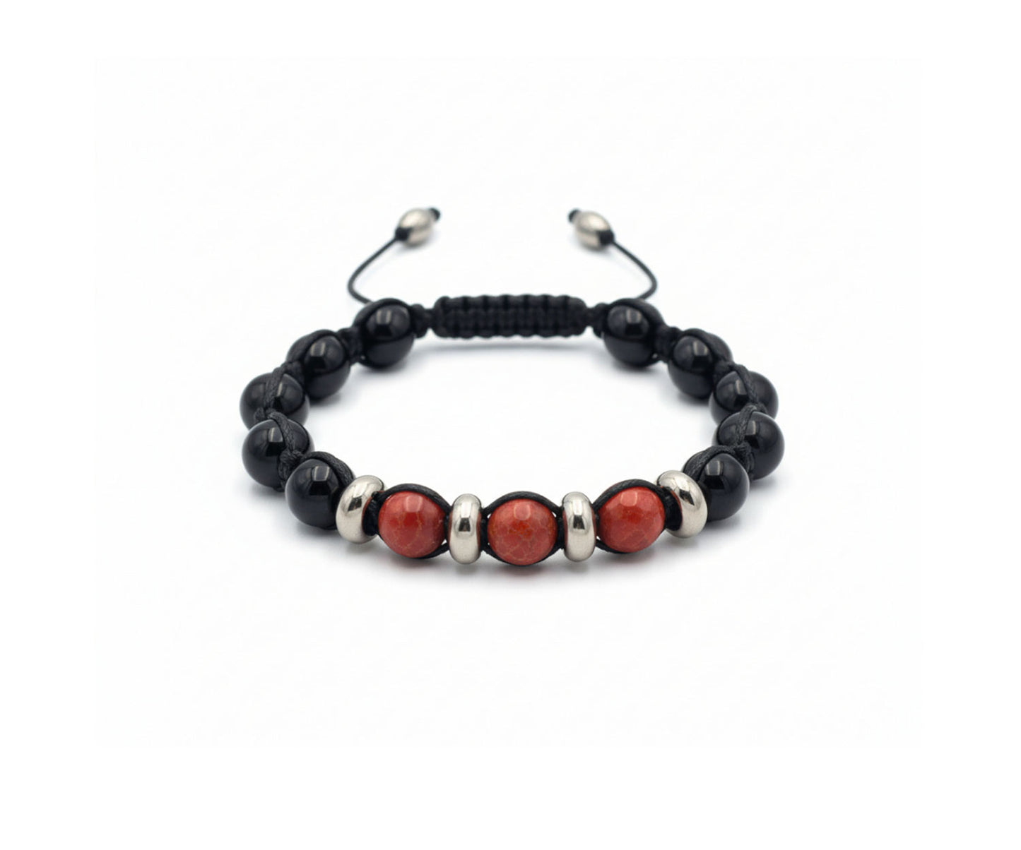 Orange Carnelian & Black Onyx Beaded Bracelet | Silver Accents