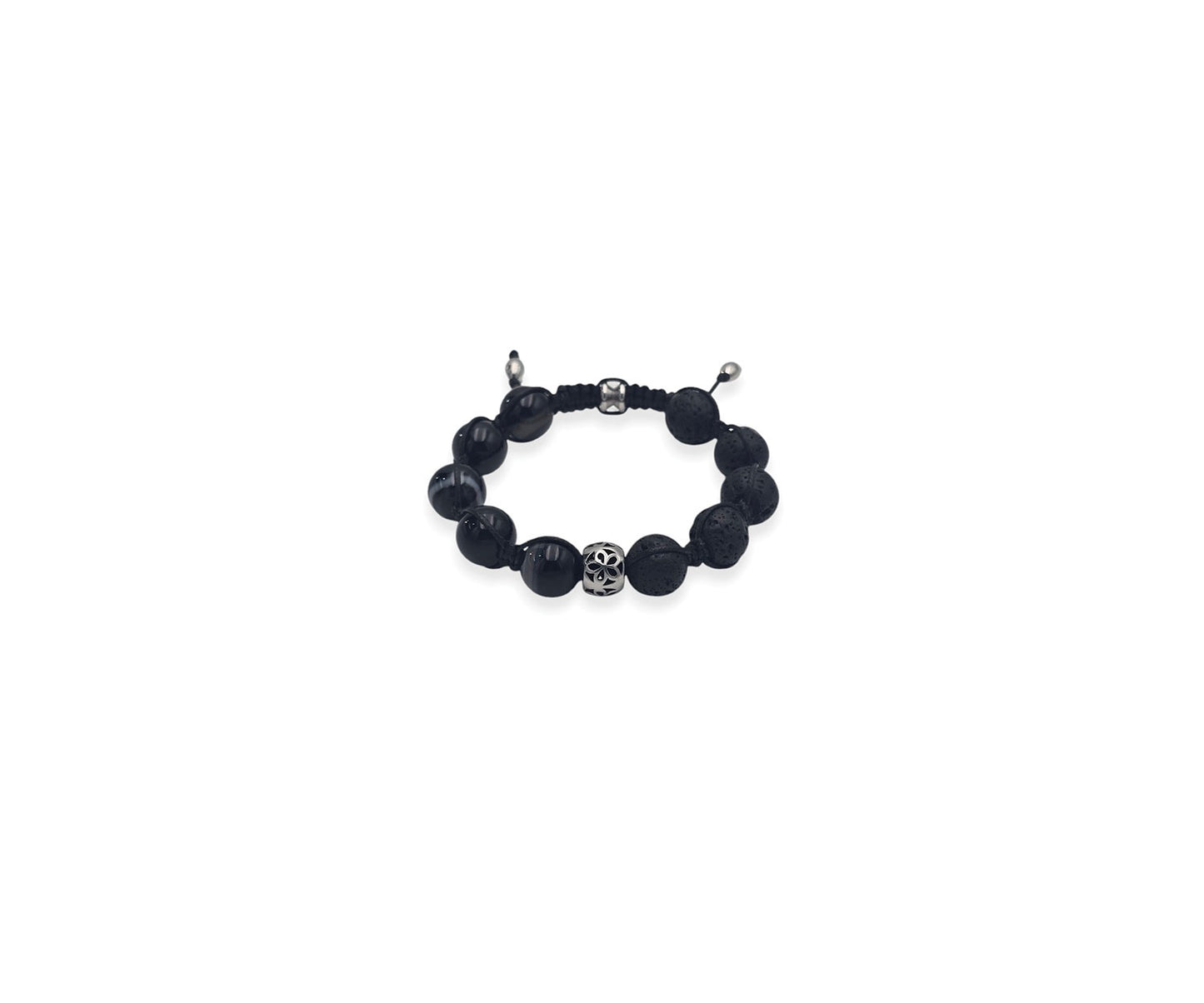 Black Onyx & Lava Rock Beaded Bracelet With Metal Accent