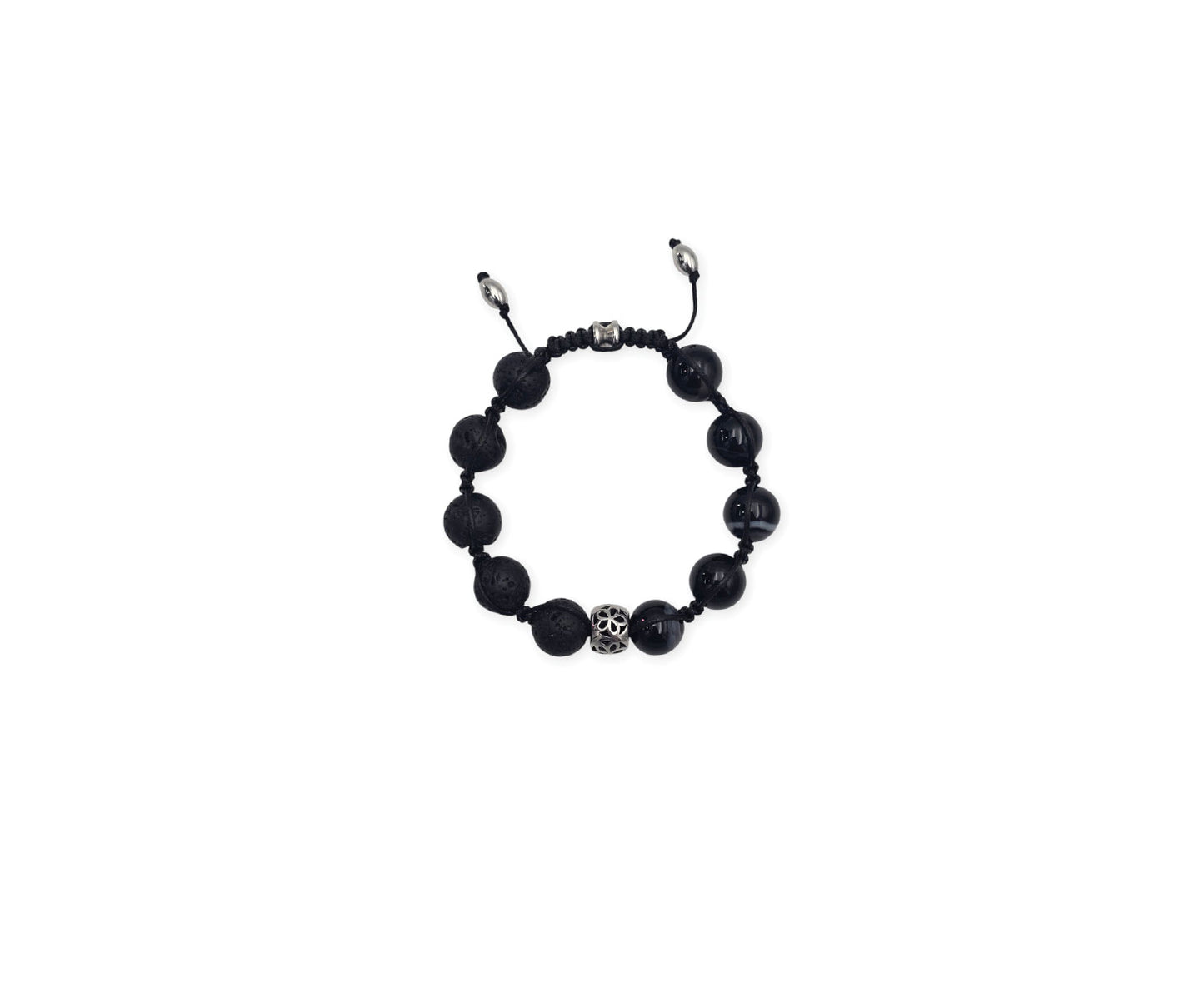 Black Onyx & Lava Rock Beaded Bracelet With Metal Accent