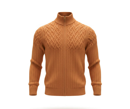 Scozia Loro Piana Merino Cable Knit Full Zip – Camel