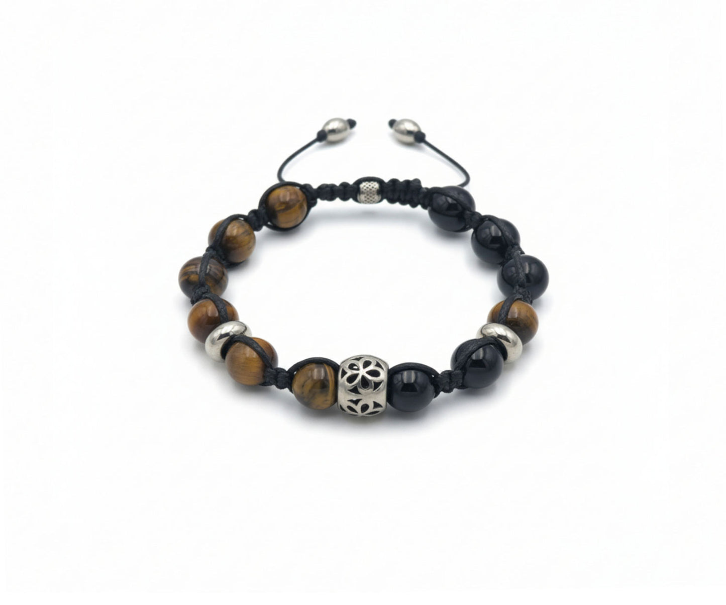 Black Onyx & Tiger's Eye Beaded Bracelet | Silver Floral Accent