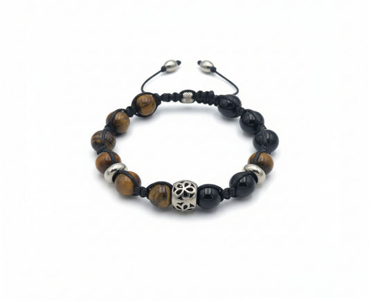 Black Onyx & Tiger's Eye Beaded Bracelet | Silver Floral Accent