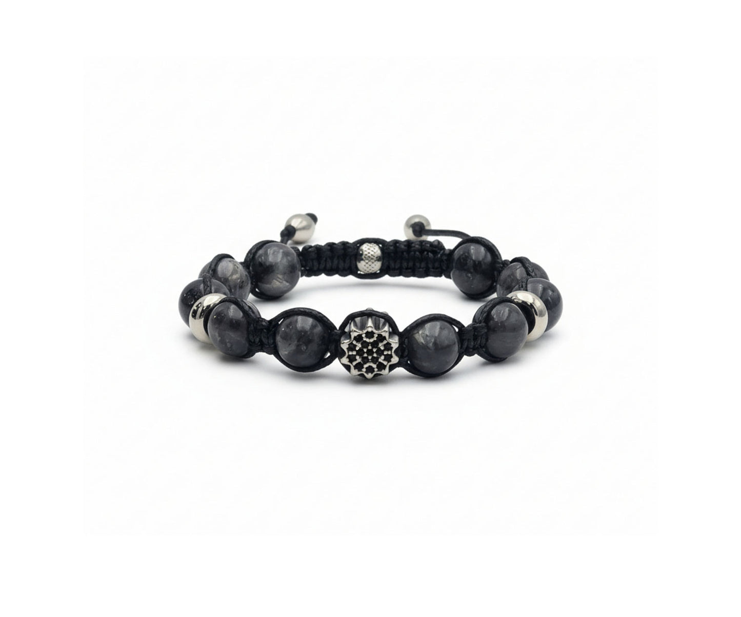 Charcoal Onyx Beaded Bracelet | Silver Accents & Floral Detail