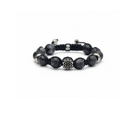 Charcoal Onyx Beaded Bracelet | Silver Accents & Floral Detail